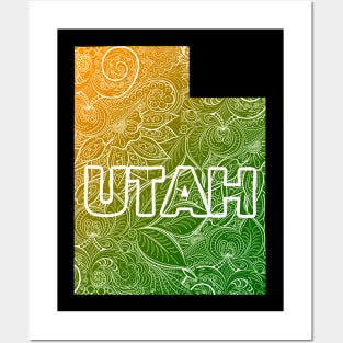 Colorful mandala art map of Utah with text in green and orange Posters and Art